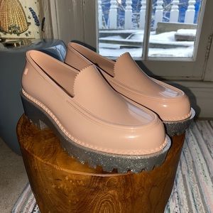 Melissa branded pastel pink sparkly platform jelly loafers!